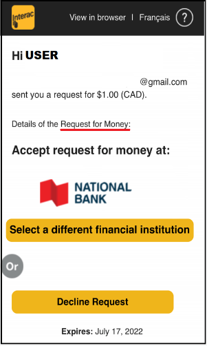 Example of Interac Money Request Email