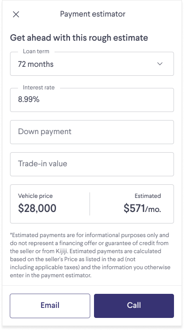Visual of the payment estimator tool with various options